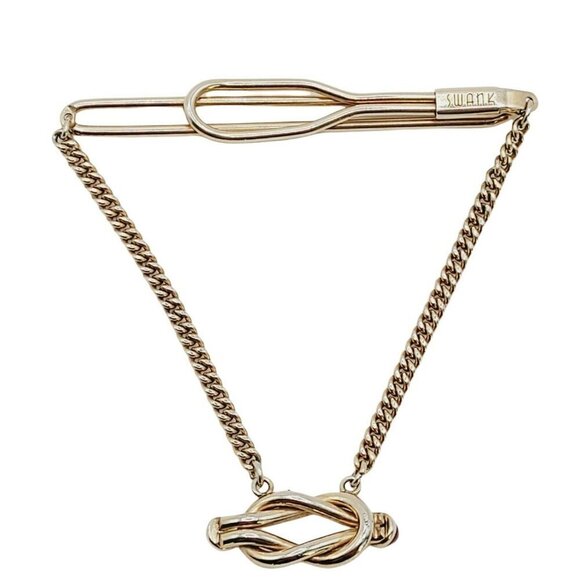 Vintage Swank Slide On Tie Bar W/ Chain Knotted Accent Red Glass Ends Gold Tone - Picture 5 of 8